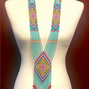 Turquoise Beaded Fringe Tribal Boho Long Statement Necklace